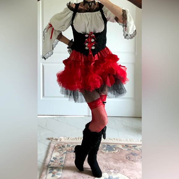 Costume mini skirt Ruffles ribbons tulle & bows Red & Black elastic waist sz S-L - Picture 5 of 10